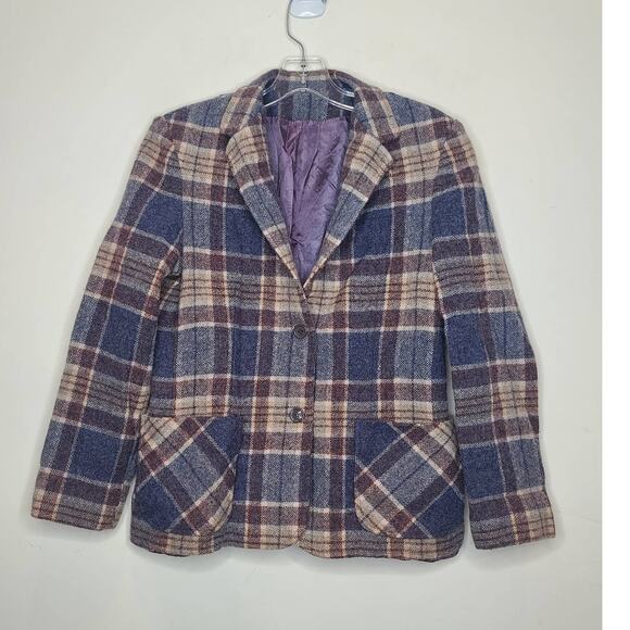 Vintage Country Miss Surburbans tan blue plaid wool blazer - 8 - Picture 1 of 4